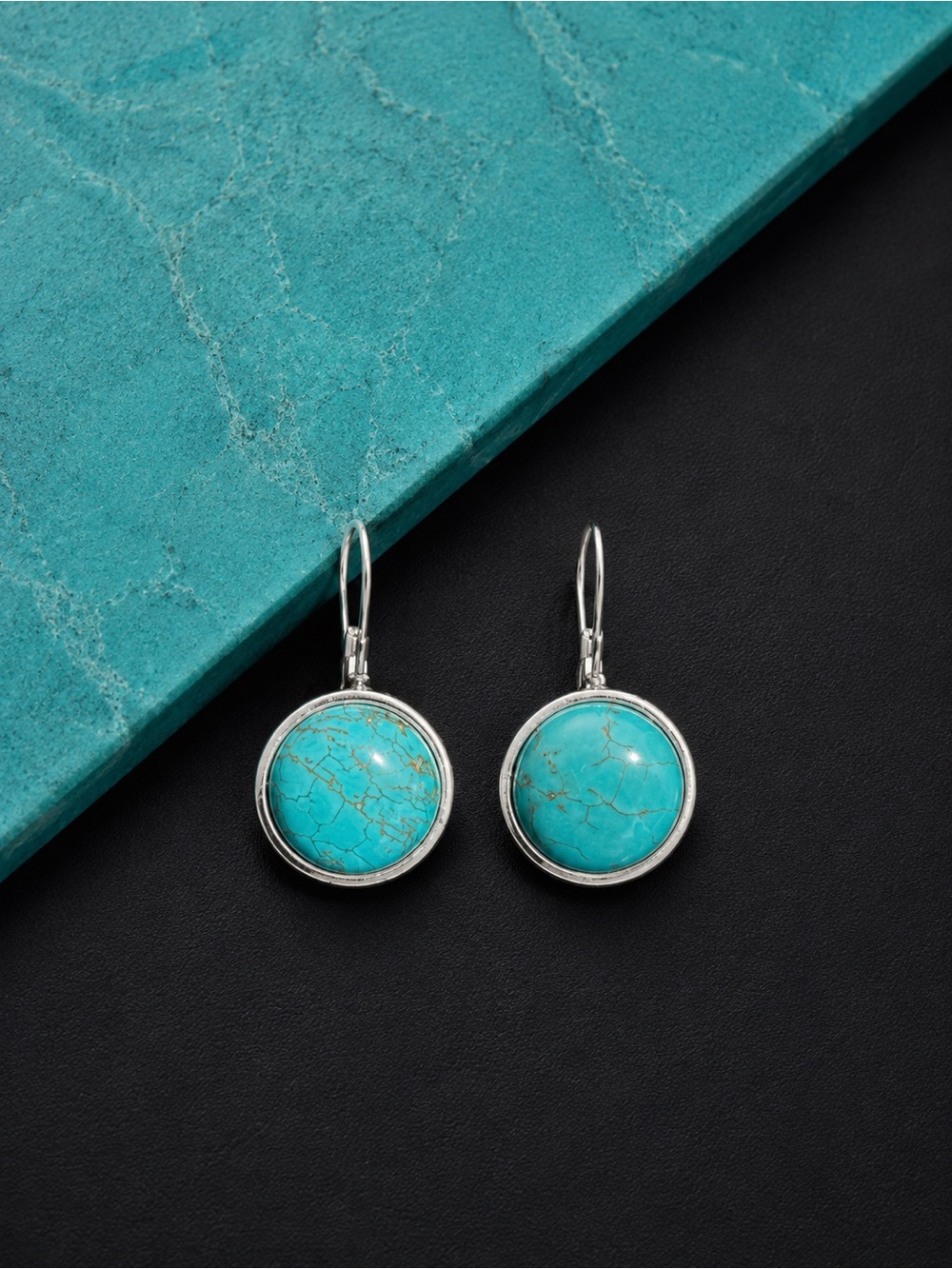 ❤️😍Turquoise Round Drop Earrings - Silver Setting